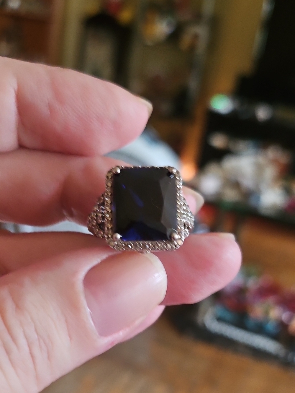 Sterling Silver Ring with Deep Blue Square Gem and Pavé Accents